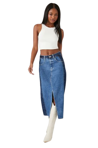 Colorblock Denim Midi Skirt