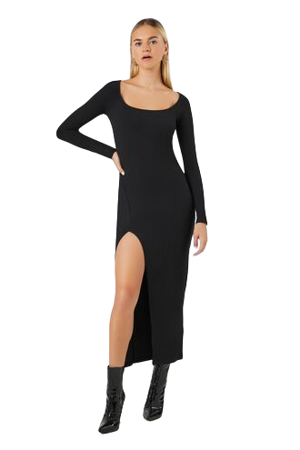 Ribbed Long-Sleeve Slit Maxi Dress