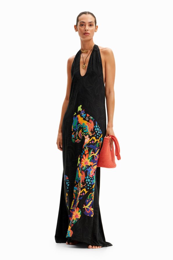 Jungle design maxi halter neck dress