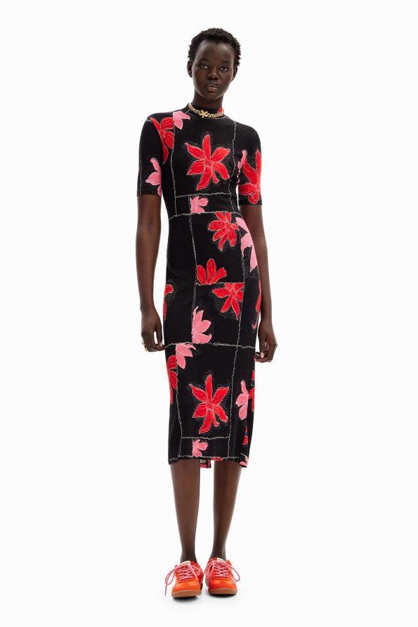 Ribbed floral midi dress