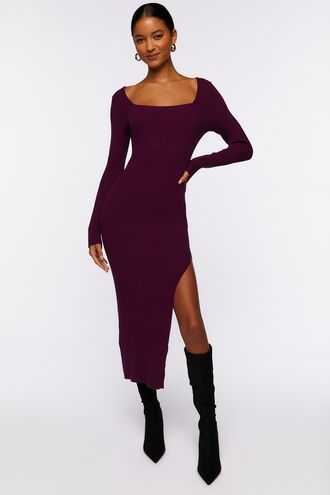 Thigh-Slit Midi Sweater Dress