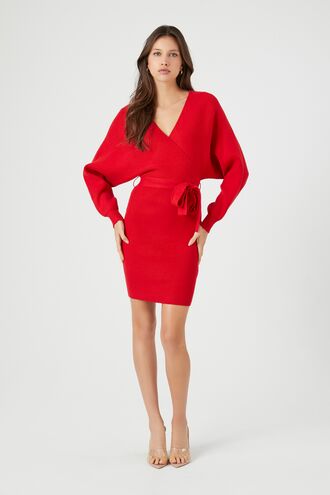 Surplice Long-Sleeve Sweater Dress