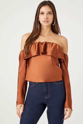 Satin Off-the-Shoulder Flounce Top