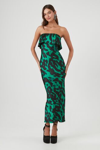 Satin Leopard Strapless Maxi Dress