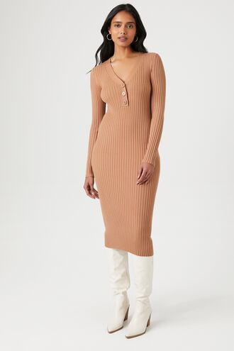 Button-Front Midi Sweater Dress