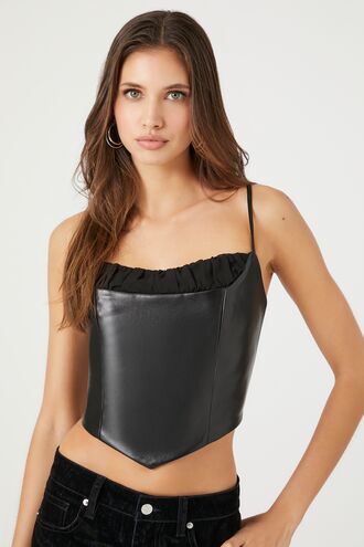 Faux Leather Ruffle-Trim Crop Top