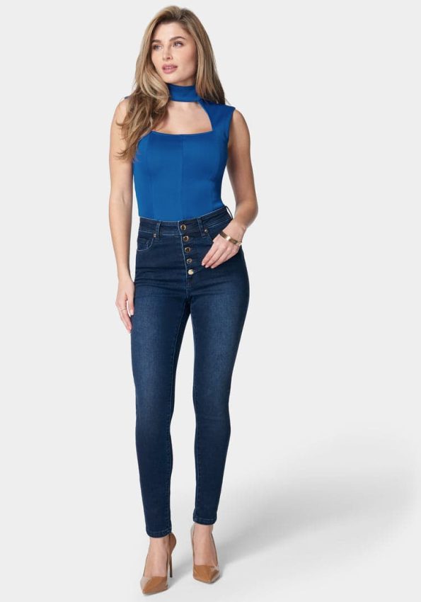 SKINNY HIGH WAIST DENIM WITH MULTI FRONT BUTTONS