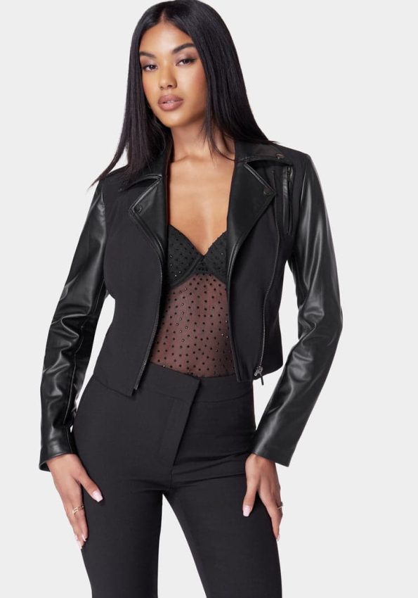 CROPPED VEGAN LEATHER COMBO TAILORED MOTO BLAZER