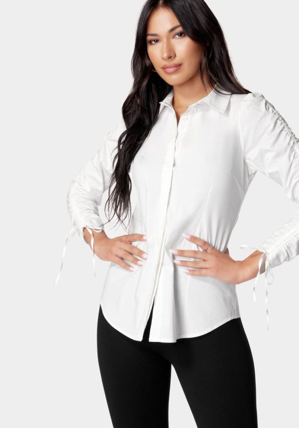 RUCHED SLEEVE POPLIN SHIRT