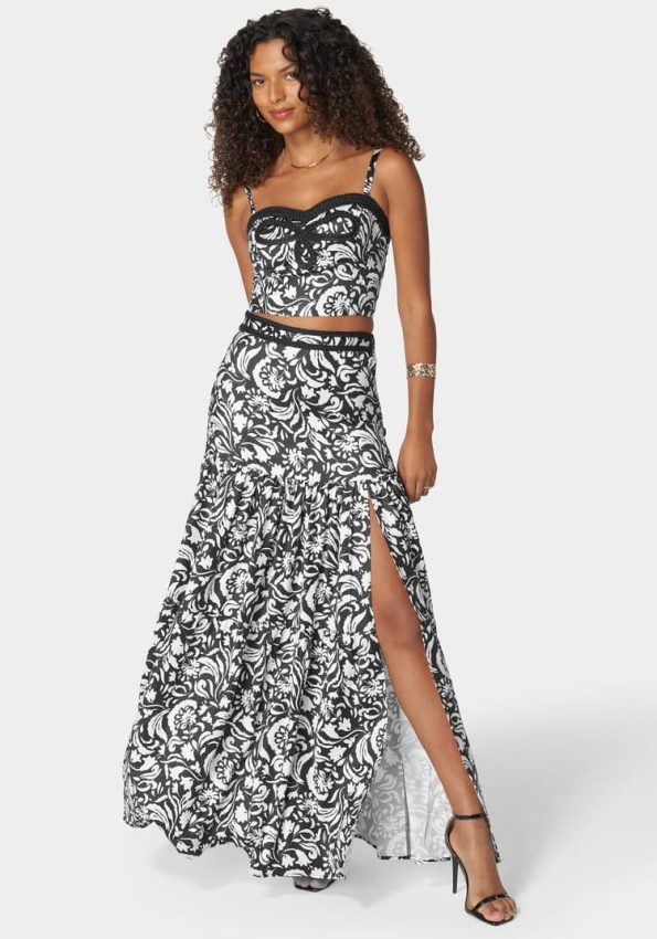 CONTRAST BRAID WAIST TIERED FLOWLY MAXI SKIRT