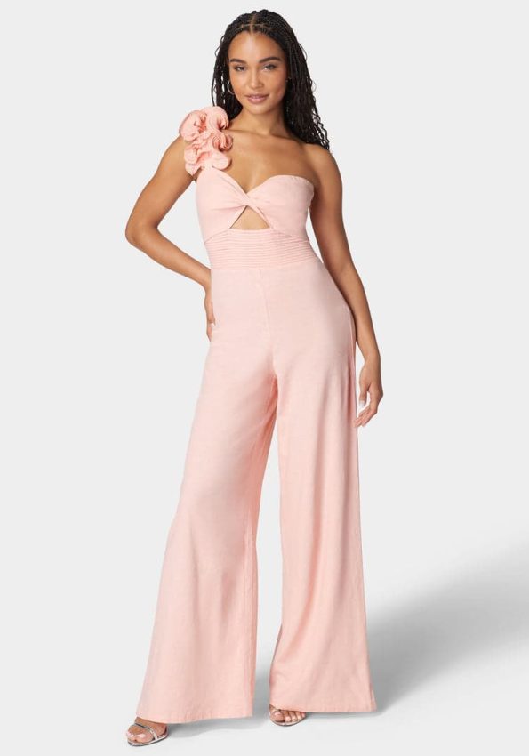 RUFFLE SHOULDER DETAIL FULL WIDE LEG JUMPSUIT