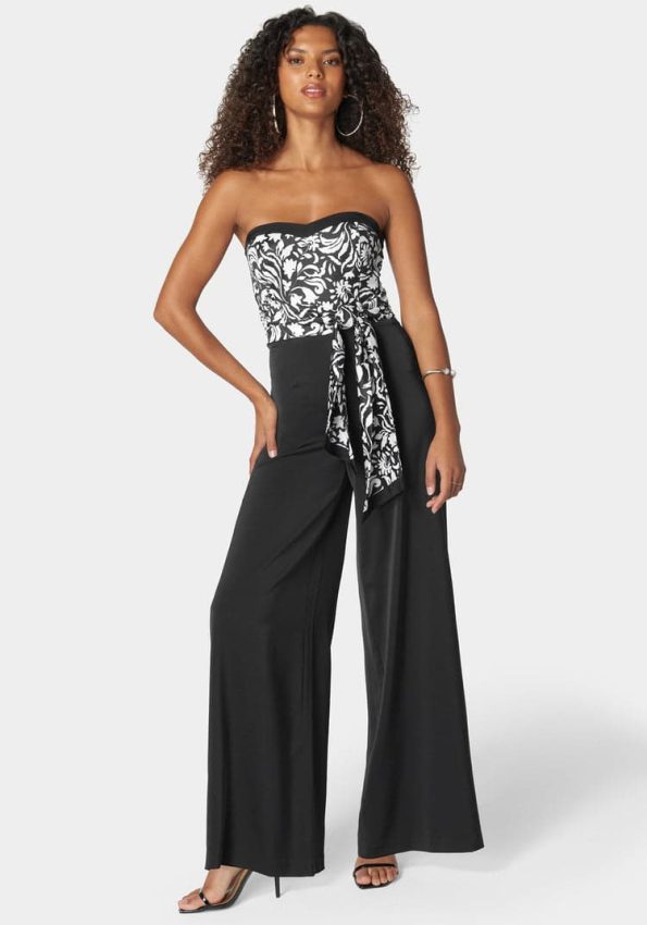 SATIN TIE FRONT SCARF ULTRA WIDE LEG JUMPSUIT