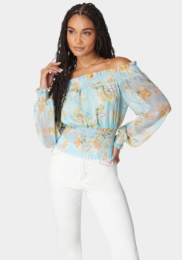 OFF SHOULDER SMOCKED CHIFFON BLOUSE