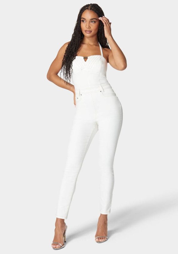 HALTER SLIM LEG DENIM JUMPSUIT