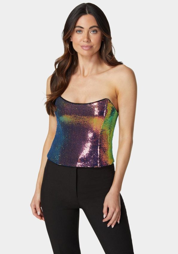 STRAPLESS SCOOP NECK SEQUIN BUSTIER TOP