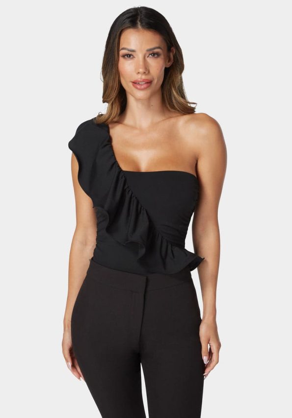 ONE SHOULDER RUFFLE KNIT BODYSUIT