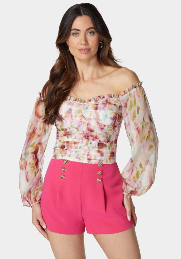 PRINTED CHIFFON COLD SHOULDER RUCHED TOP