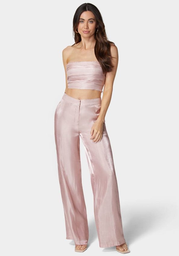 IRIDESCENT SATIN HIGH WAIST PALAZZO LEG PANTS