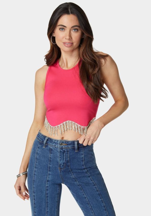 JEWEL FRINGE SLEEVELESS KNIT TOP