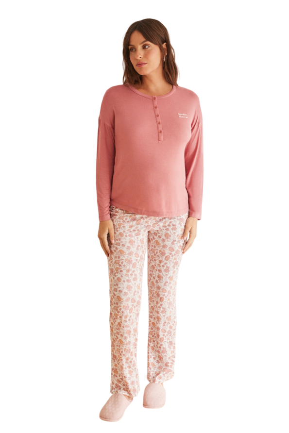 Long maternity pajamas with pink flowers