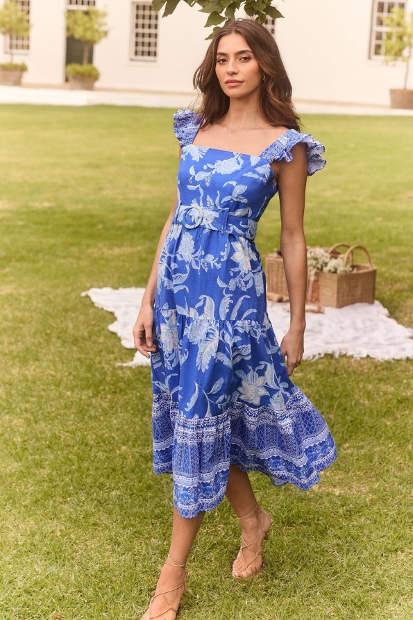 Lipsy Ruffle Floral Belted Midi Linen Look Dress