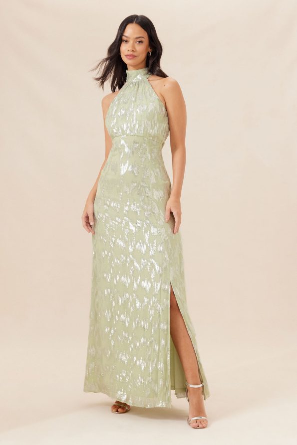 Lipsy Bridesmaid Halter Metallic Split Maxi Dress