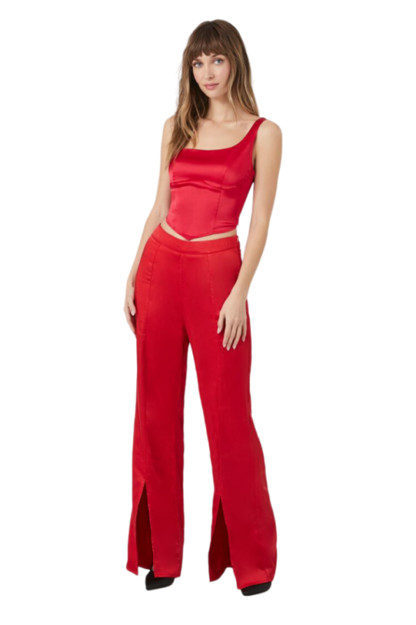 Satin Mid-Rise Split-Hem Pants