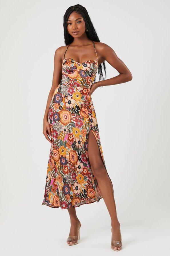 Satin Paisley Crisscross Slip Dress