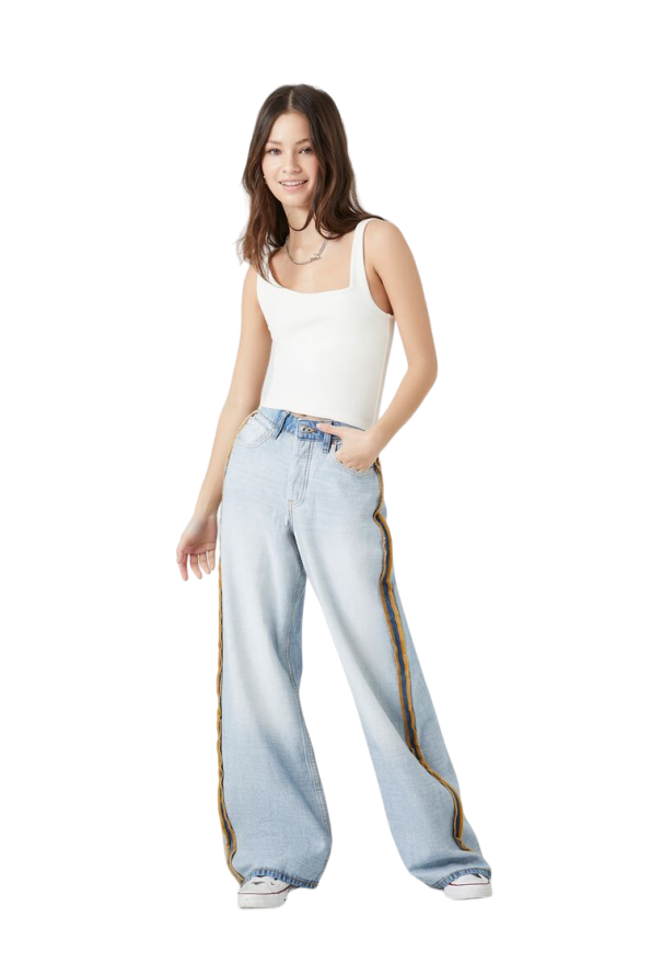 Striped-Trim High-Rise Baggy Jeans