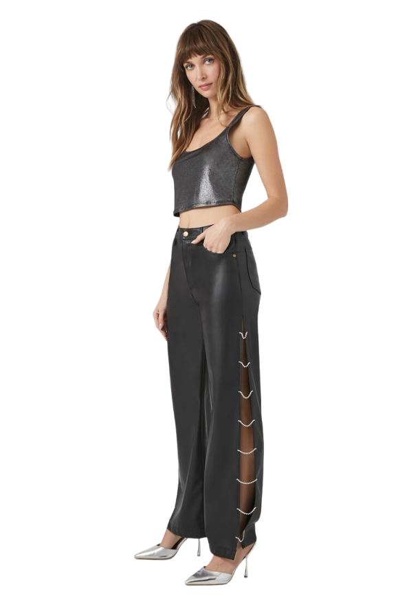 Faux Leather Rhinestone Chain Pants