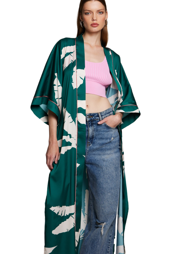 Satin printed kimono with belt