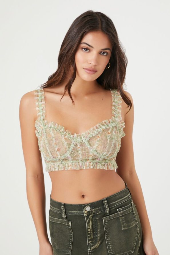 Plus Size Mesh Floral Print Bralette