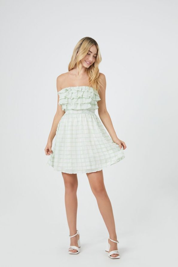 Strapless Plaid Ruffle Mini Dress