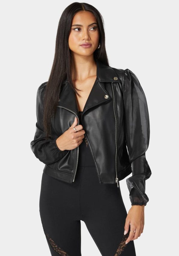 Ruched Organza Sleeve Vegan Leather Moto Jacket