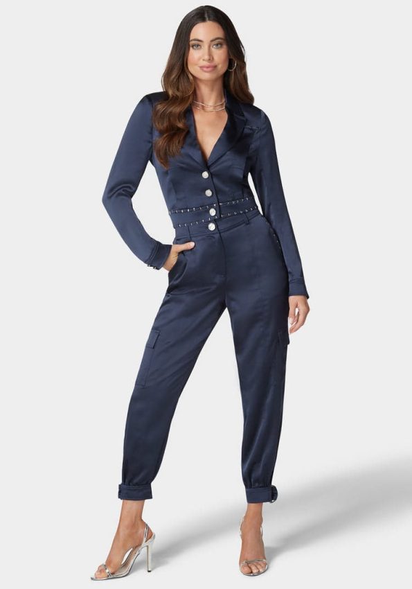 Natural Waist Stud Detail Satin Jogger Pant