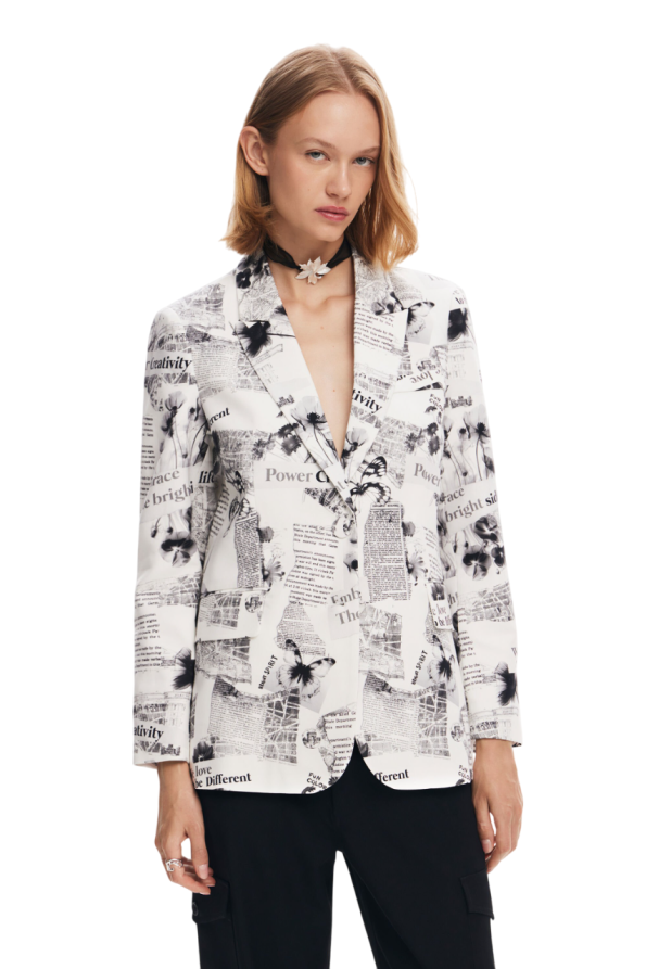 Straight Blazer With Text And Flowers