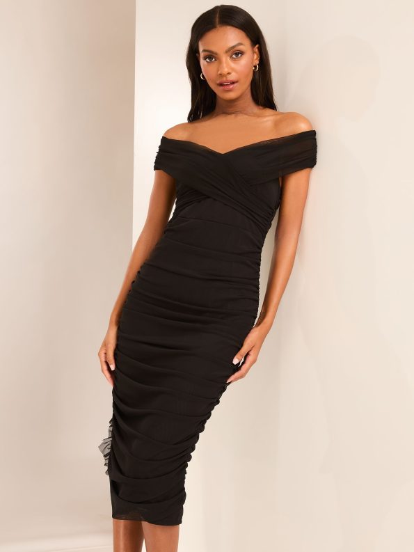 Ruched Bodycon Bardot Midi Dress