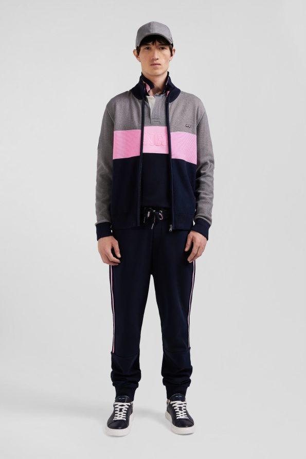 Regular fit zipped cardigan with rubber badge and tricolor