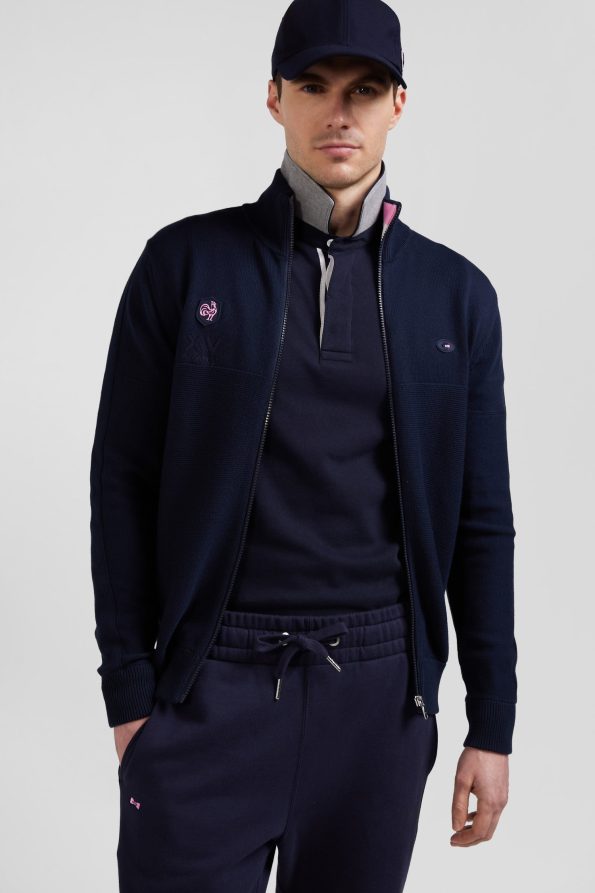Regular fit zipped cardigan with rubber badge and tricolor