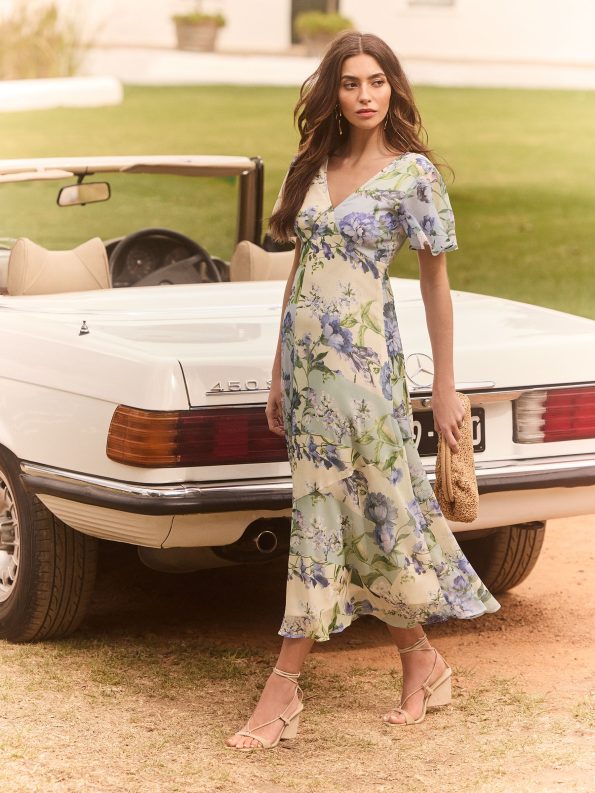 Flutter Sleeve Floral Chiffon Midi Dress