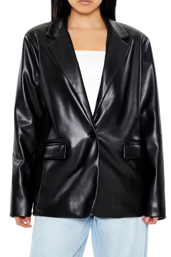 Notched Faux Leather Blazer