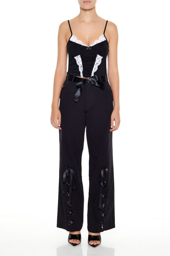 Satin Lace-Up Wide-Leg Pants