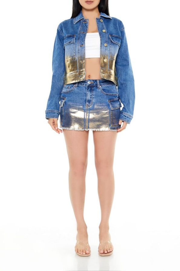 Metallic Denim Cargo Mini Skirt