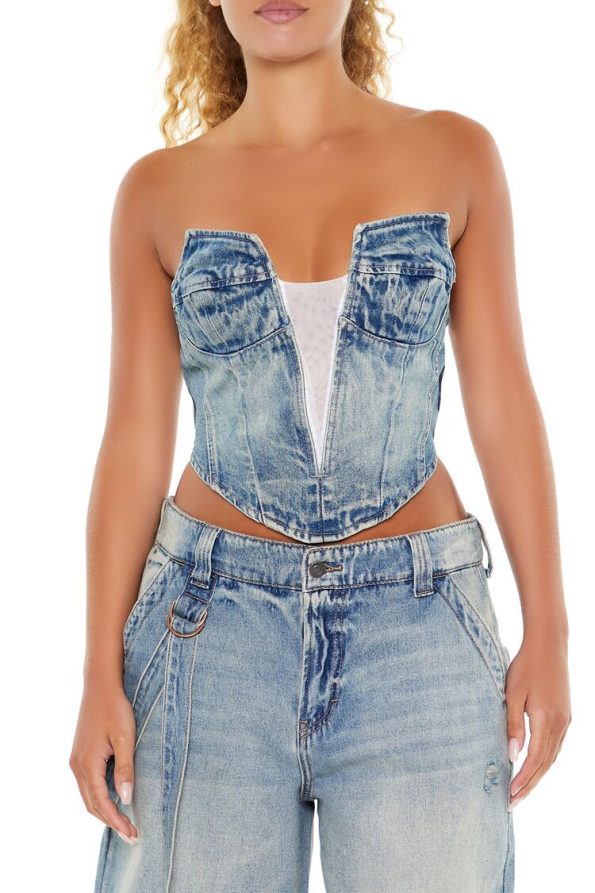 Denim & Mesh Tube Crop Top