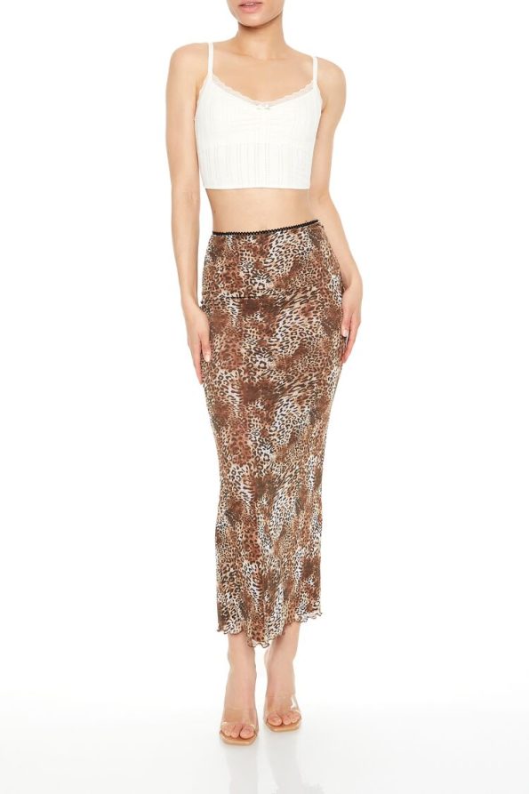 Mesh Leopard Print Midi Skirt