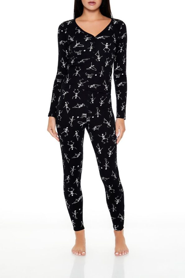Skeleton Print Thermal Pajama Top & Pants Set