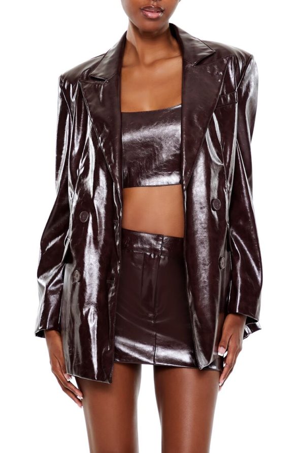 Faux Leather Double-Breasted Blazer