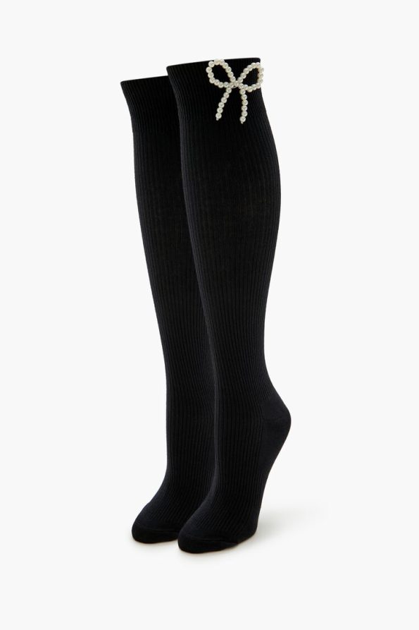 Faux Pearl Bow Knee-High Socks