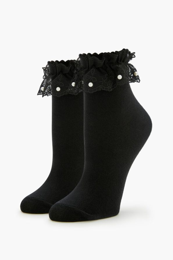Lace Faux Pearl Crew Socks