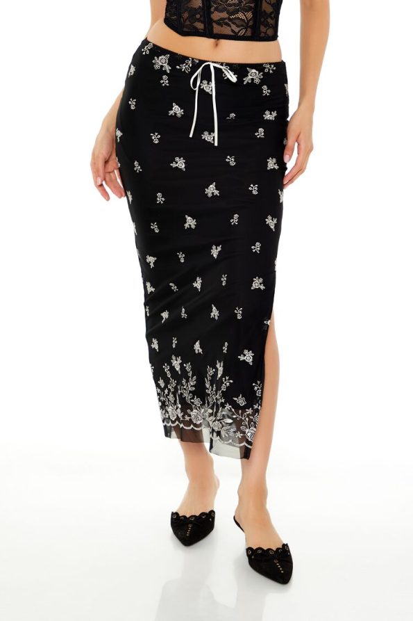 Floral Print Mesh Midi Skirt